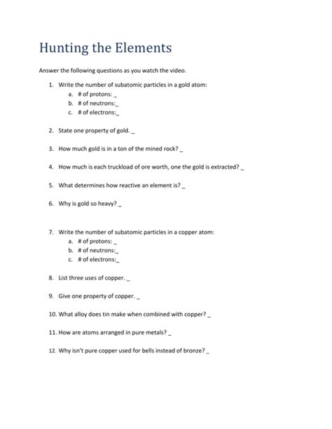 hunting the elements worksheet quizlet